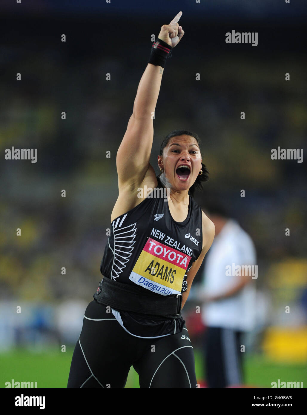 Athletics - IAAF World Championships 2011 - Day Three - Daegu. New Zealand's Valeria Adams celebrates winning the Women's Shot Putt Stock Photo