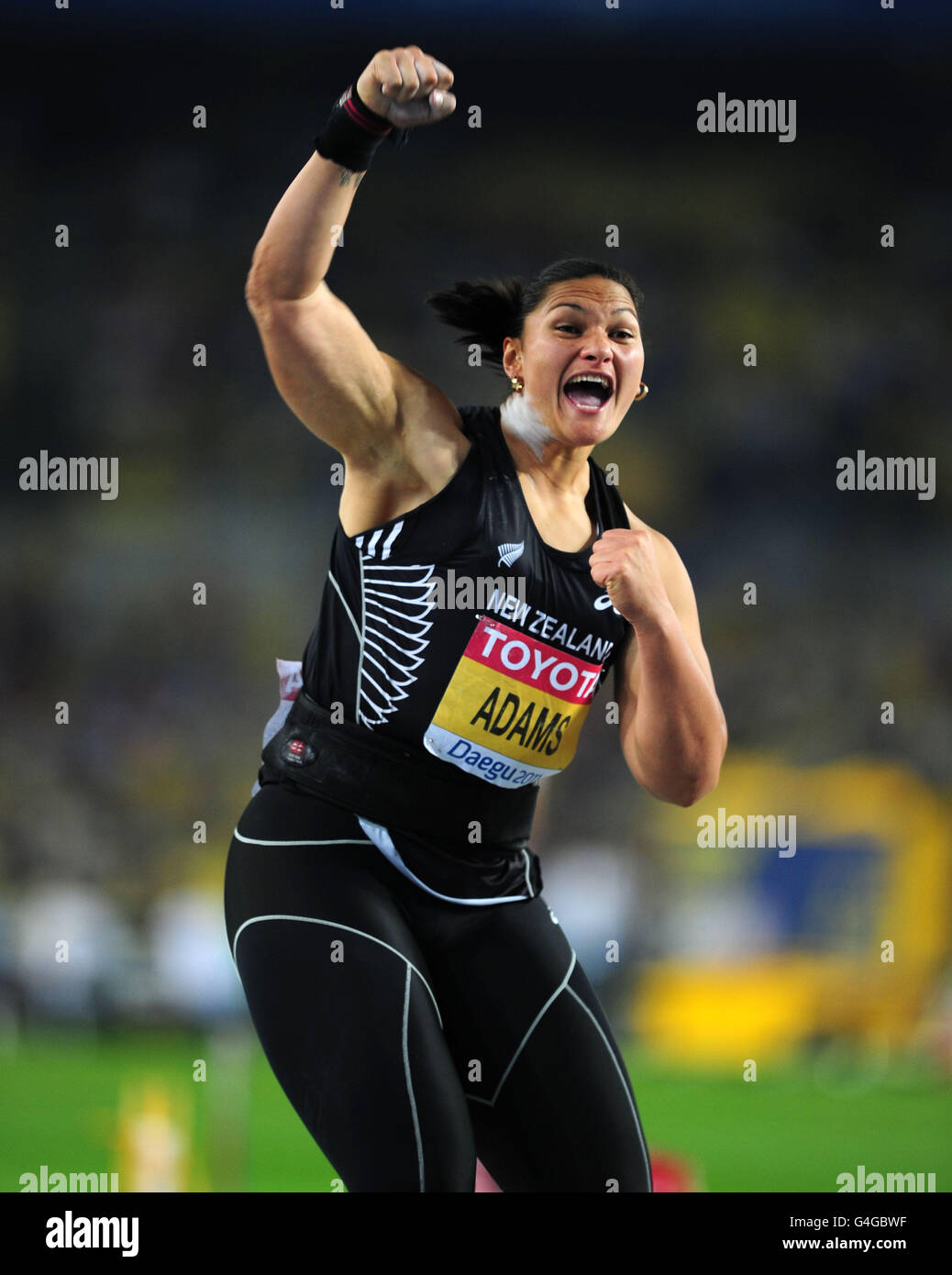 Athletics - IAAF World Championships 2011 - Day Three - Daegu. New Zealand's Valeria Adams celebrates winning the Women's Shot Putt Final Stock Photo