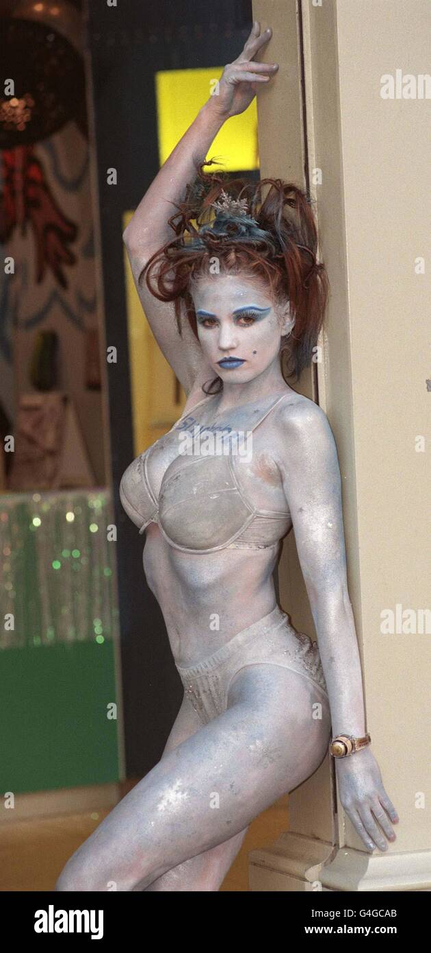 Model Jordan body painted as the Ice Maiden, poses for the media during a photocall in London's Covent Garden today December 6, 1998, where she launched the Swatch Christmas watch Sparkling Life, priced at 55. PA Photos. Stock Photo