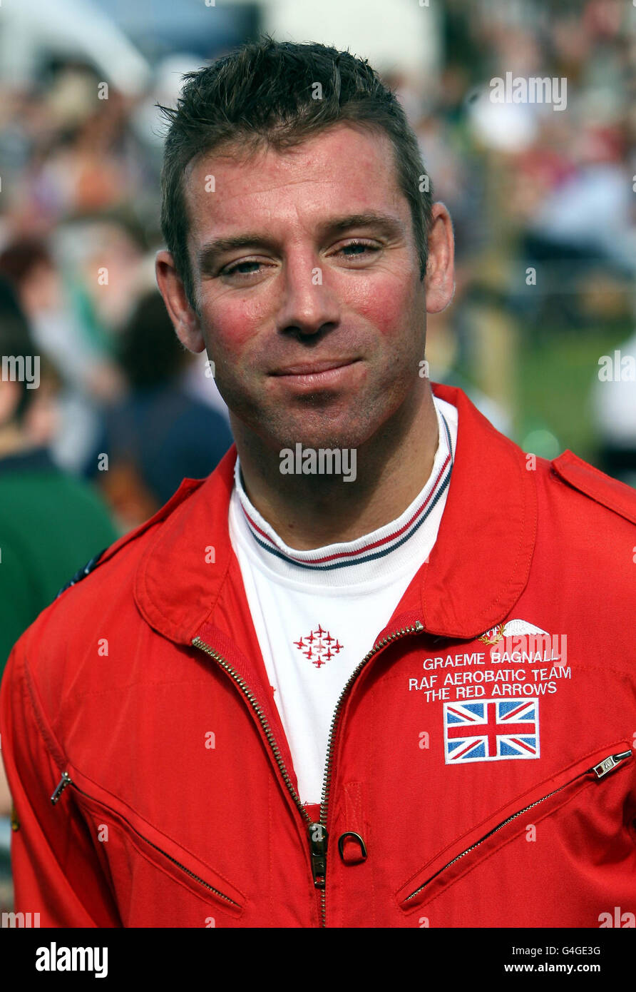 Red 10 Road Manager Squadron Leader Graeme Bagnall prior to the Red Arrows display at Chatsworth Country Fair in Derbyshire. Stock Photo