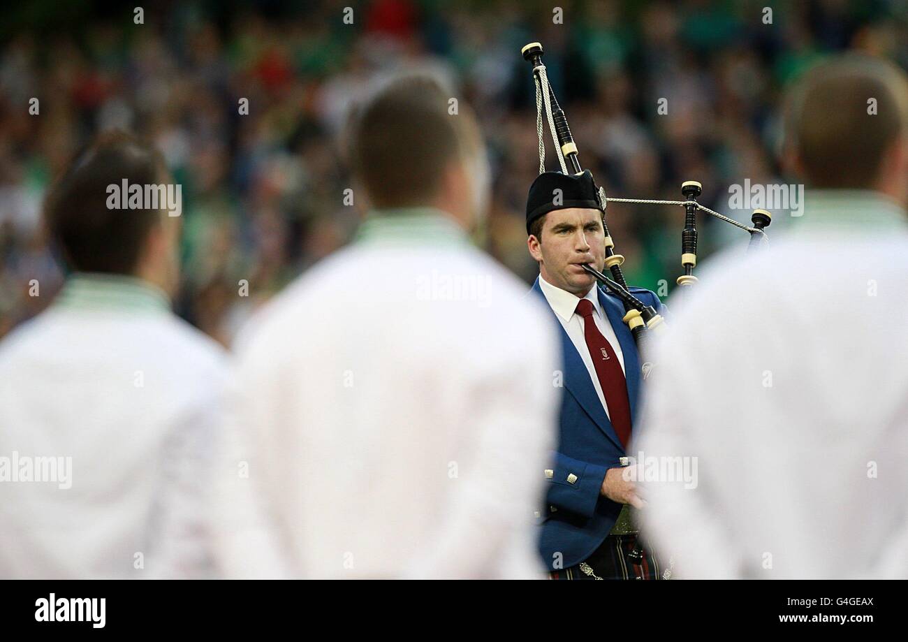 Bagpipes are played as the players line up for the national anthems