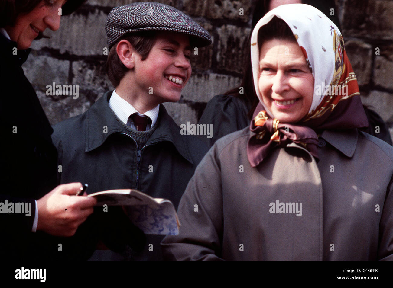 PA News April 1978 The Queen and her 14 year-old son Prince Edward watch the veterinary inspection before the commencement of showjumping at the Badminton Horse Trials. Stock Photo