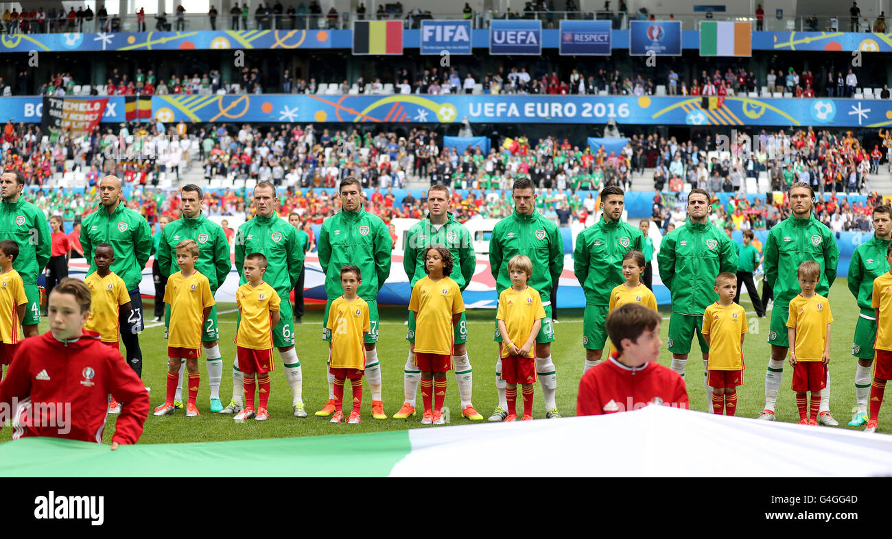 The Republic of Ireland team stands during the national anthems before the UEFA Euro 2016, Group E match at the Stade de Bordeaux, Bordeaux. Stock Photo