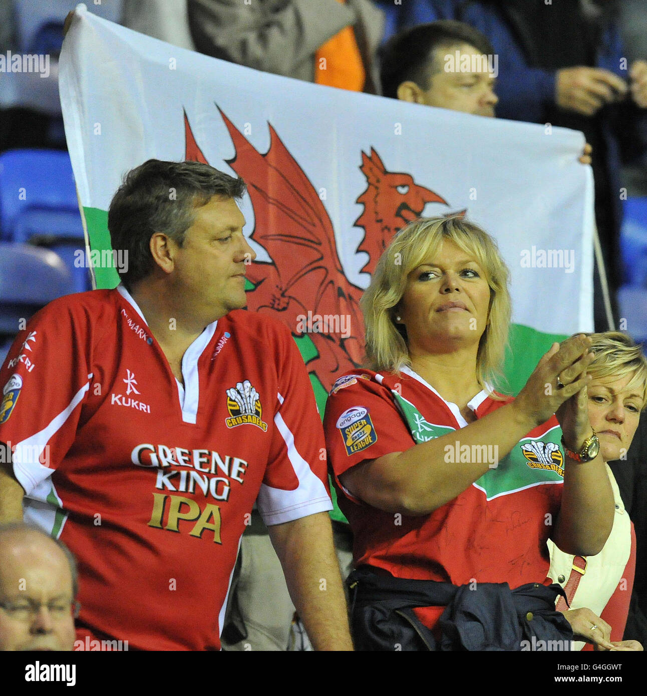 Two Crusaders fans after the engage Super League match at the DW Stadium, Wigan. Stock Photo