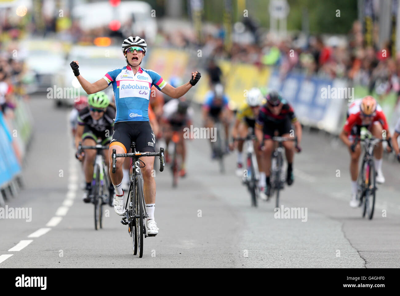 Rabo Liv Women's Cycling Team's Marianne Vos celebrates winning stage four of the Women's Tour of Britain. Stock Photo