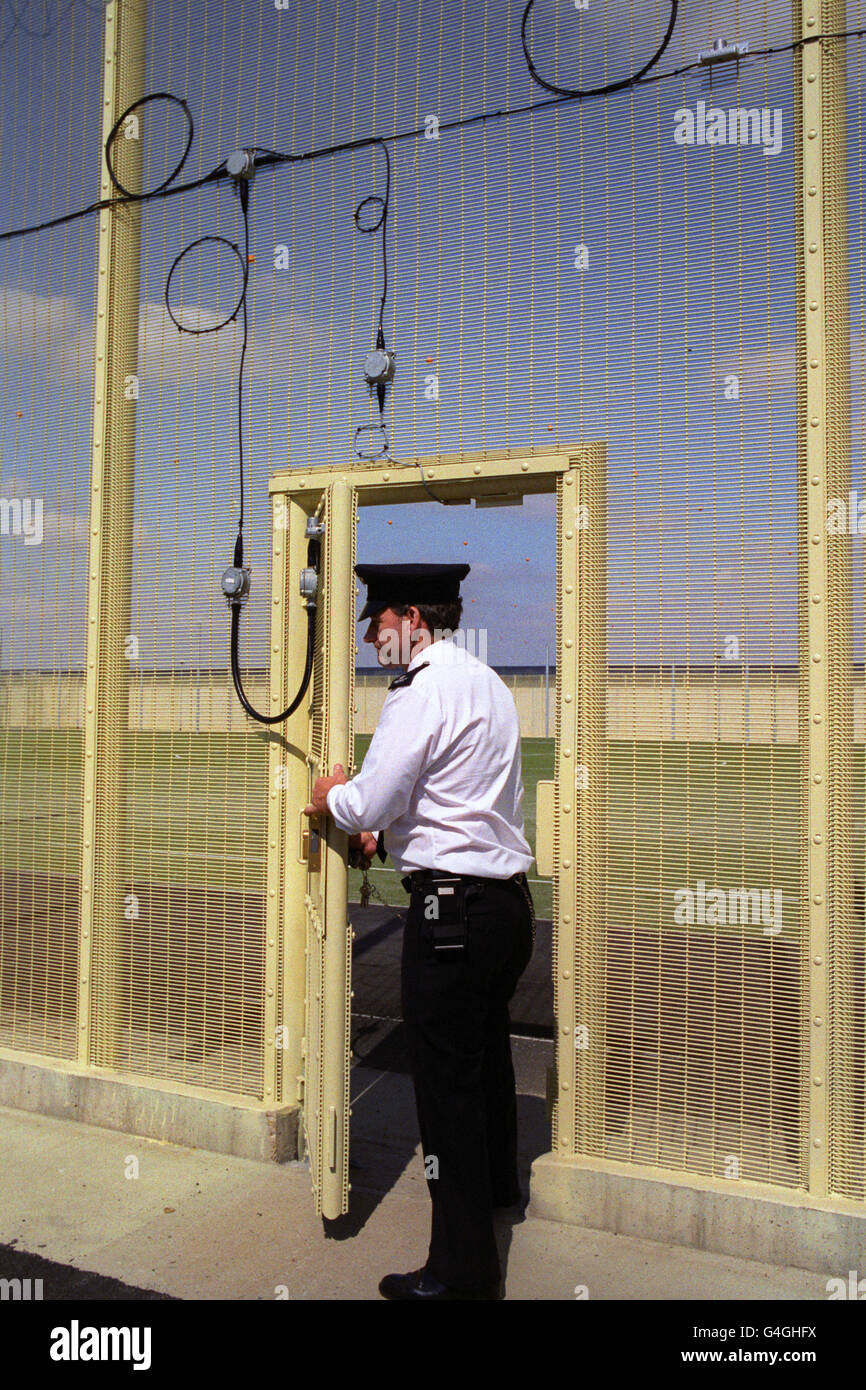 The sound devices on the fence and gate at HMP Whitemoor near March, Cambridgeshire. Stock Photo