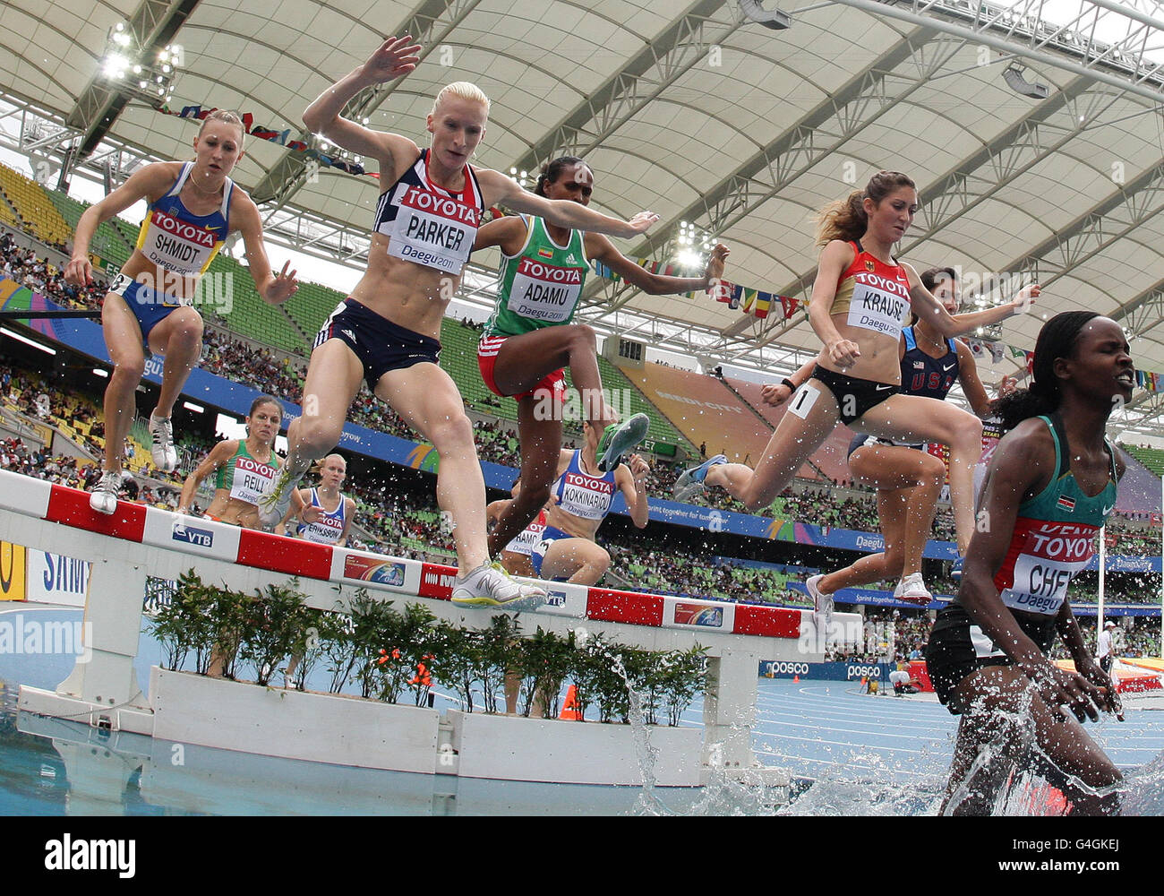 Great Britain's Barbara Parker competes in the women's 3,000 metres steeplechase at the Daegu stadium during day one of the World Athletics Championships in Daegu, South Korea, Saturday August 27, 2011. Parker went on to qualify for Tuesday's final. Stock Photo