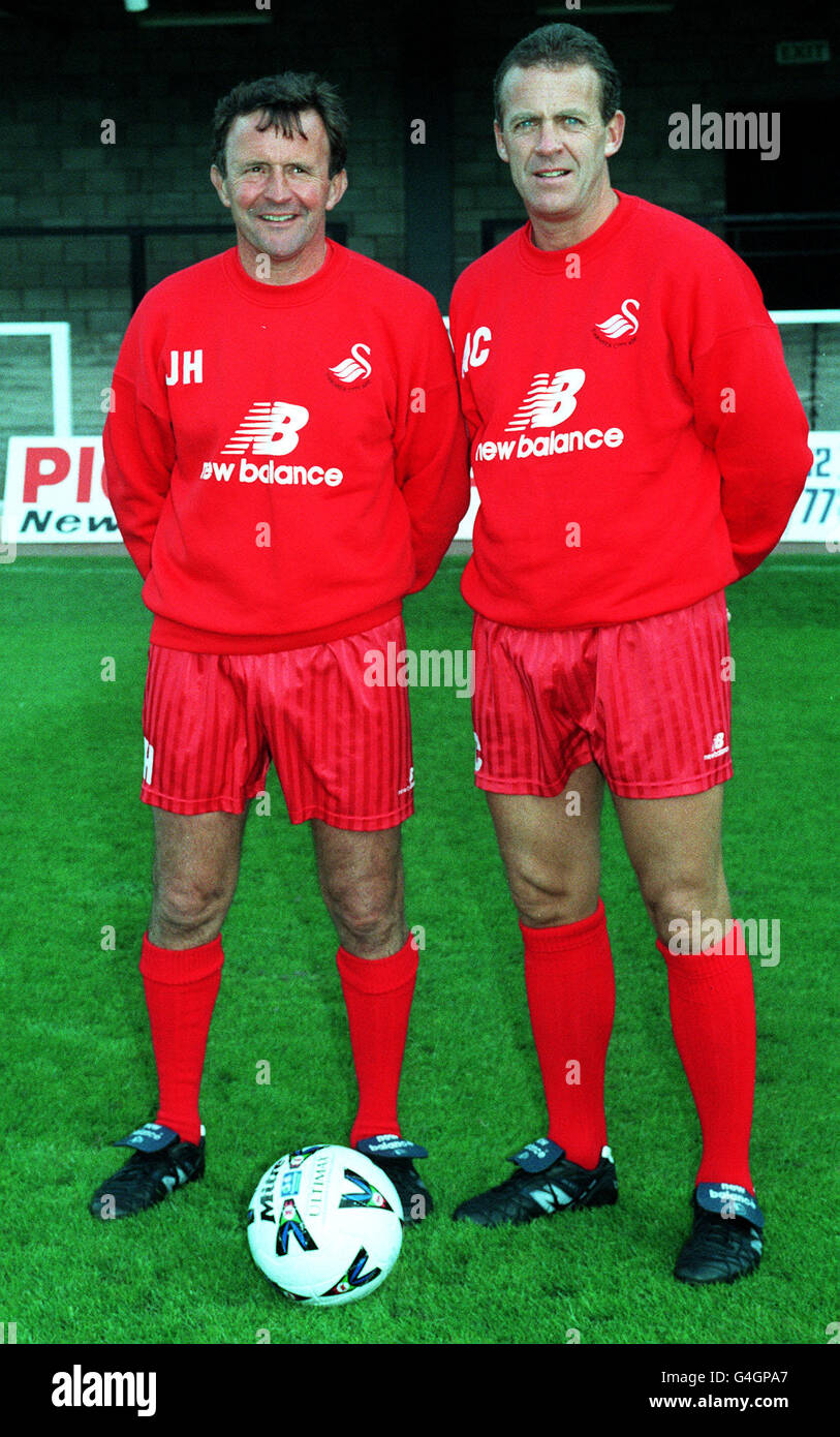 John Hollins, manager (L), and Alan Curtis, assistant manager, of Swansea City football club. Stock Photo