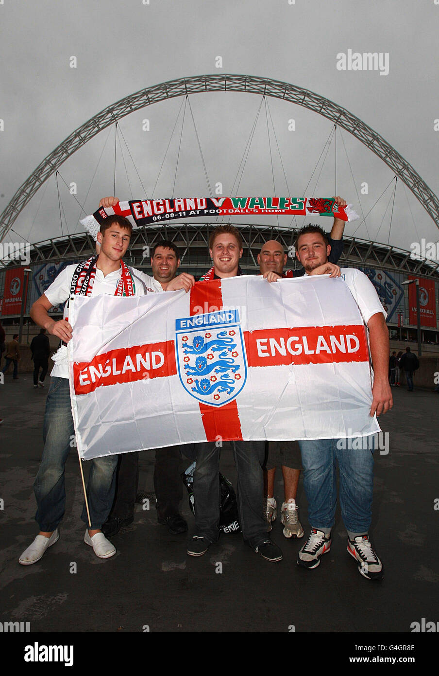 England fans Sam Harding, Lee Clayton, Vincent Norman, Simon Brown and  Kieron Elliott prior to the the UEFA Euro 2012 Qualifying match at Wembley  Stadium, London Stock Photo - Alamy