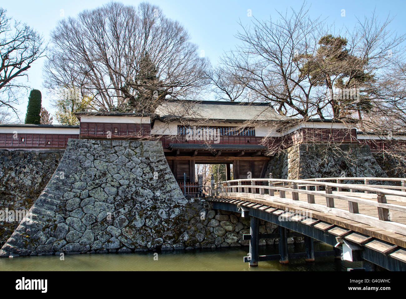 Japan, Suwa. Takashima castle often called the Floating castle. Kabukimon  yaguramon, gate with turret, and Kabukibashi wooden bridge with moat Stock  Photo - Alamy