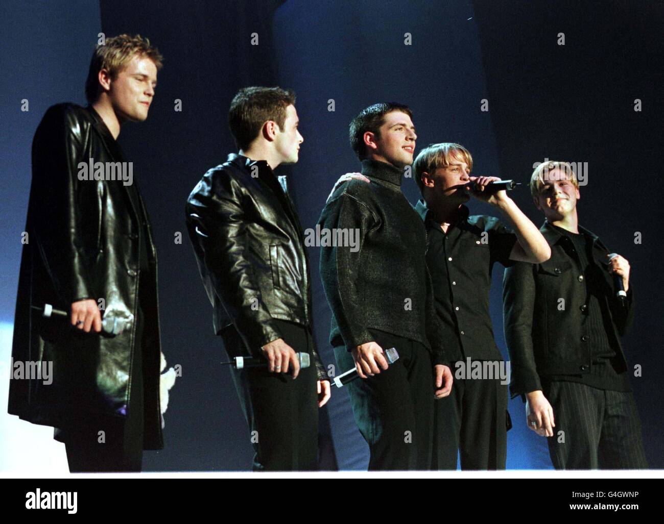 Singing group WestSide, who are managed by Boyzone's Ronan Keating, at the Childline Concert in the Point Theatre Dublin. The group have re-named themselves Westlife after finding another group called Westside. L-R: Nicky Byrne, Shane Filan, Mark Feehily, Kian Egan and Bryan McFadden. Stock Photo