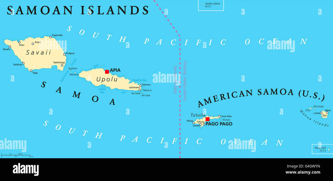 Samoan Islands political map with Samoa, known as Western Samoa and American Samoa and their capitals Apia and Pago Pago. Stock Photo
