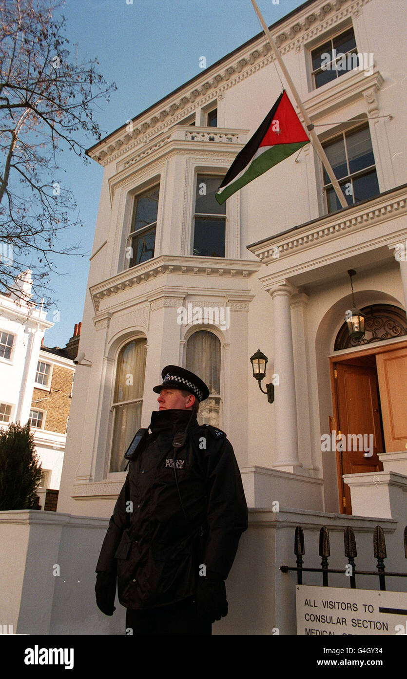 The Jordanian national flag flies at half-mast at the Jordanian Embassy in  London to mark the death of King Hussein of Jordan, who died from  complications from cancer. He was 63 Stock