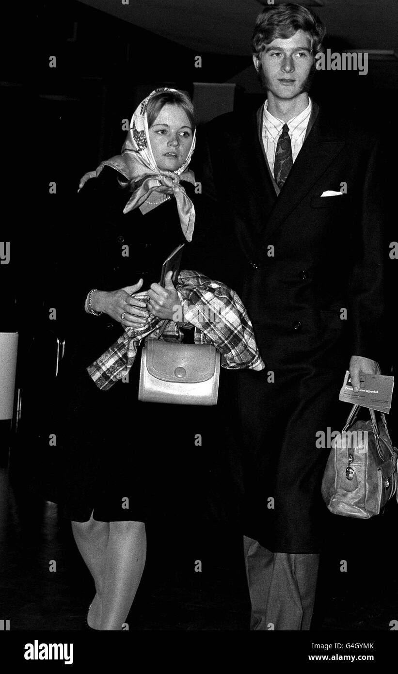 PA NEWS PHOTO 14/11/69 PRINCE AND PRINCESS GUELF/WELF OF HANOVER AT HEATHROW AIRPORT IN LONDON AFTER FLYING IN TO JOIN THE 21ST BIRTHDAY CELEBRATIONS OF HIS COUSIN, THE PRINCE OF WALES AT BUCKINGHAM PALACE. PRINCE GUELF/WELF IS THE ELDER SON OF PR9INCE GEORG OF HANOVER AND PRINCESS SOPHIA, SISTER OF DUKE OF EDINBURGH. NOTE: ISSUED IN CONNECTION WITH ERNST OF HANOVER MARRIAGE Stock Photo