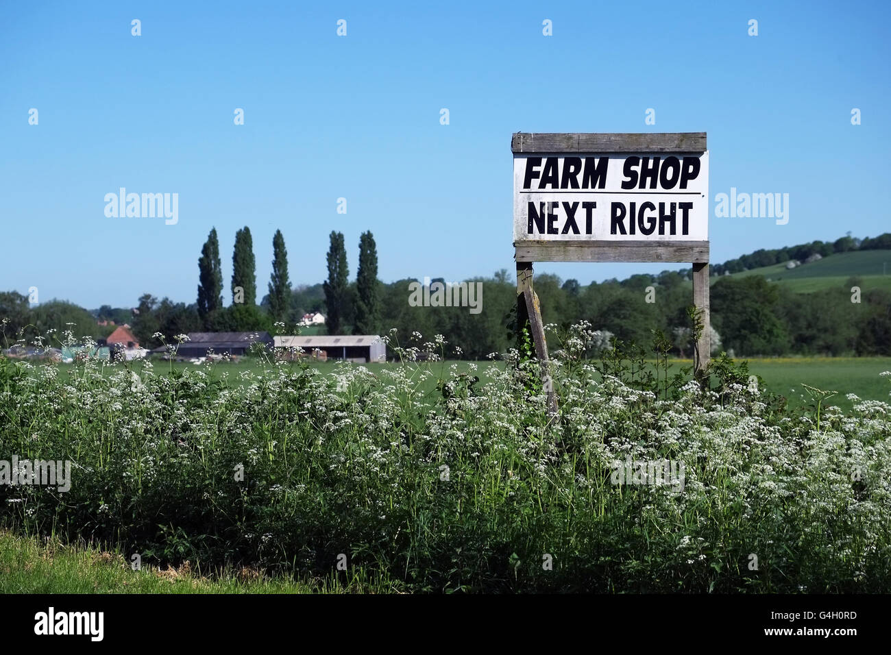 Farm Shop sign. Image taken in rural Warwickshire countryside near Newbold on Stour, England, UK. Stock Photo
