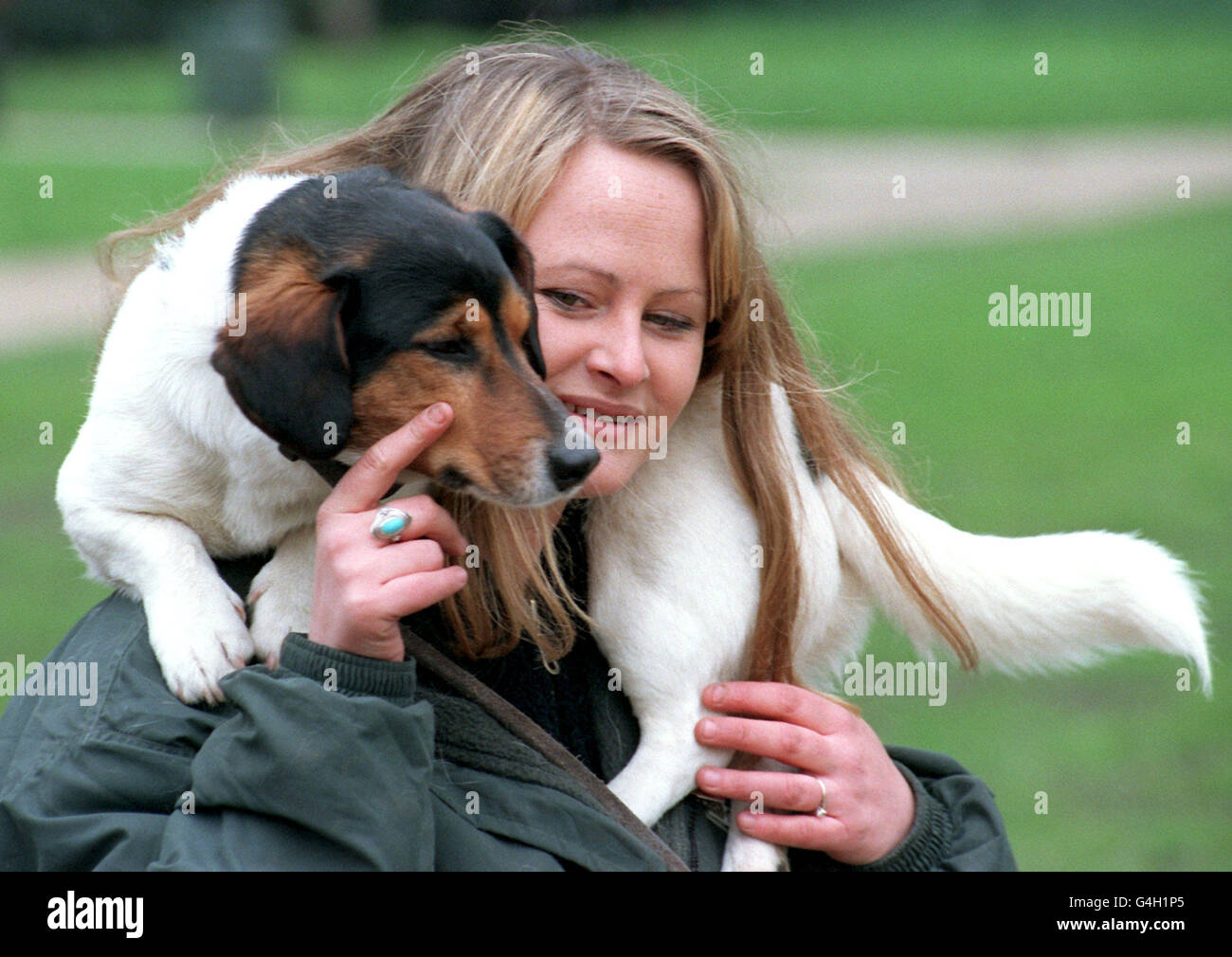 Julie Tottman, with her dog Kyte, at the launch of Crufts 1999, in London's Green Park. Kyte is one of 500 cross-breeds who will compete in obedience and agility competitions at the premier dog show, which will be held at the Birmingham NEC. Stock Photo