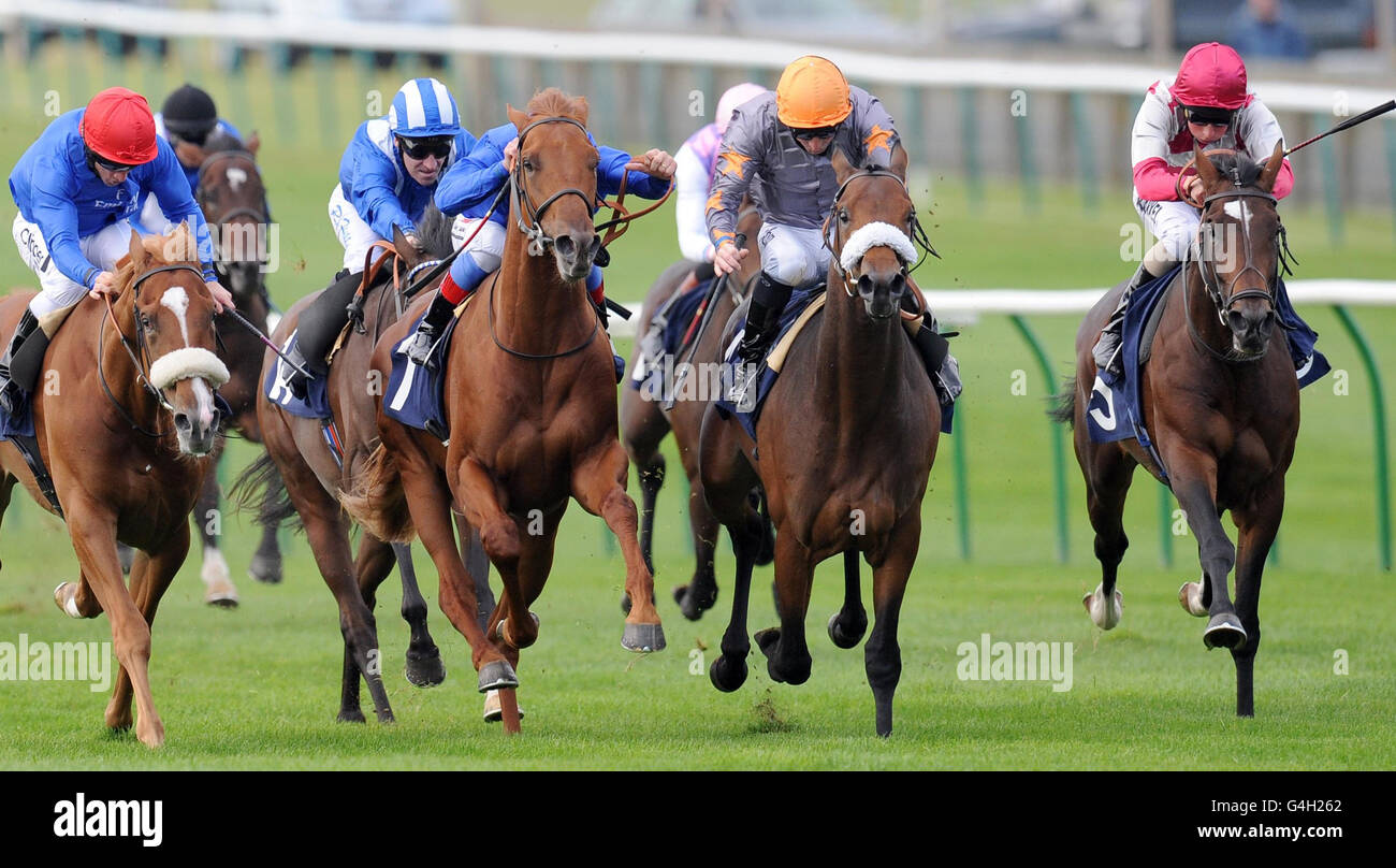 Dandy ridden by Jimmy Fortune (second right) goes on to win the E.B.F. Zamindar Maiden Stakes during The Cambridgeshire Meeting at Newmarket Racecourse, Newmarket. Stock Photo