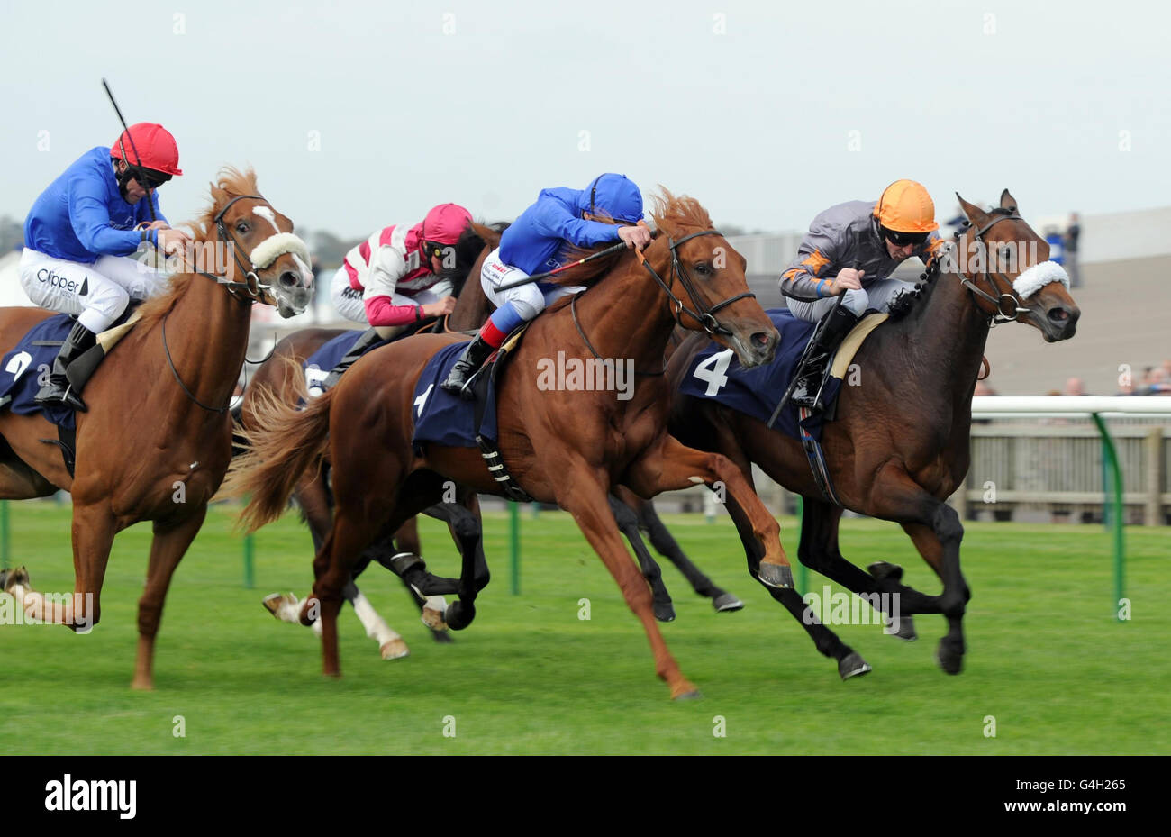 Dandy ridden by Jimmy Fortune (right) goes on to win the E.B.F. Zamindar Maiden Stakes during The Cambridgeshire Meeting at Newmarket Racecourse, Newmarket. Stock Photo