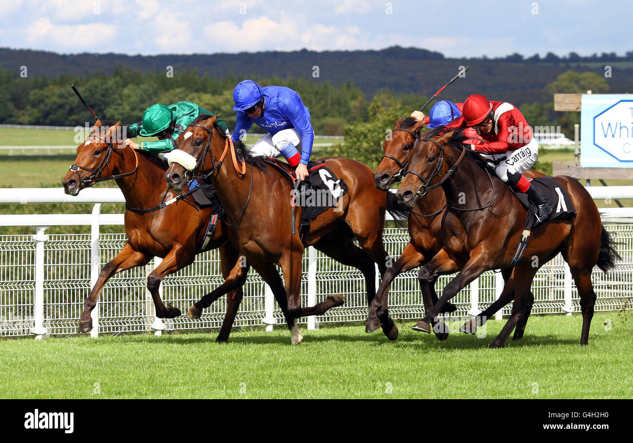 (Left to right) Questing ridden by William Buick, Rakasa ridden by Frankie Dettori, Regal Realm ridden by Jimmy Fortune and Nayarra ridden by Kieron Fallon, race for a photo finish during The Whiteley Clinic Prestige Stakes at Goodwood Racecourse, Chichester. Stock Photo