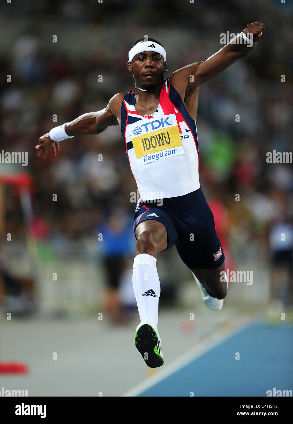 Great Britain's Phillips Idowu on his way to Silver in the Men's Triple Jump Final during Day Nine of the IAAF World Athletics Championships at the Daegu Stadium in Daegu, South Korea. Stock Photo
