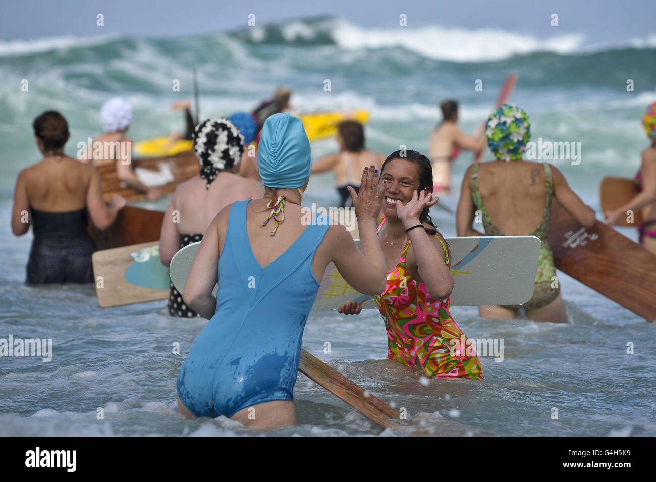 Competitors during the 9th World Belly Boarding Championships 2011, held at Chapel Porth beach, Cornwall, UK. Stock Photo