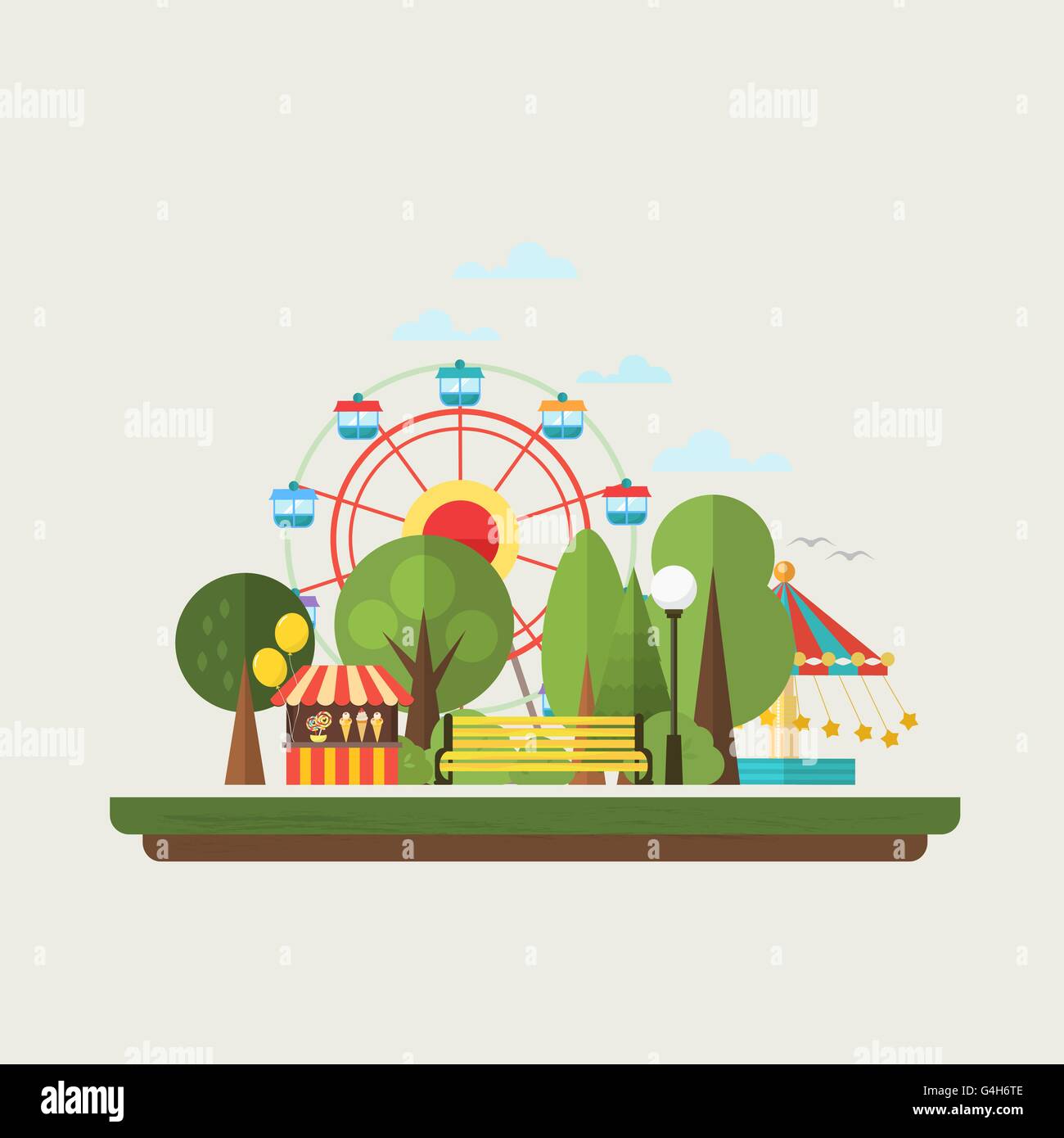Flat design amusement park in the city. Vector illustration . El Stock ...