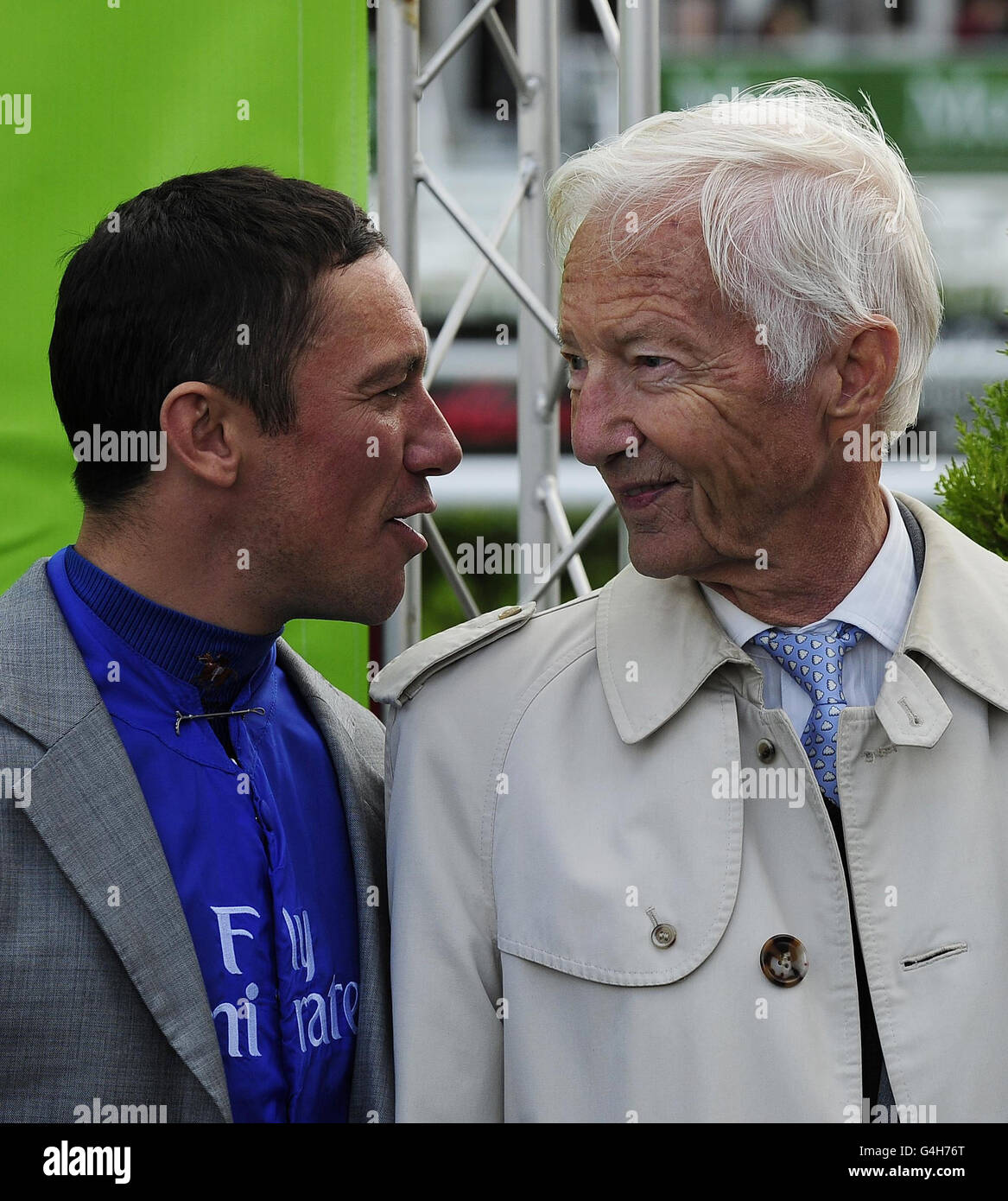 Frankie Dettori talks with Lester Piggott (right) during the Welcome to Yorkshire St Ledger Festival Opening Day at Doncaster Racecourse, Doncaster. Stock Photo