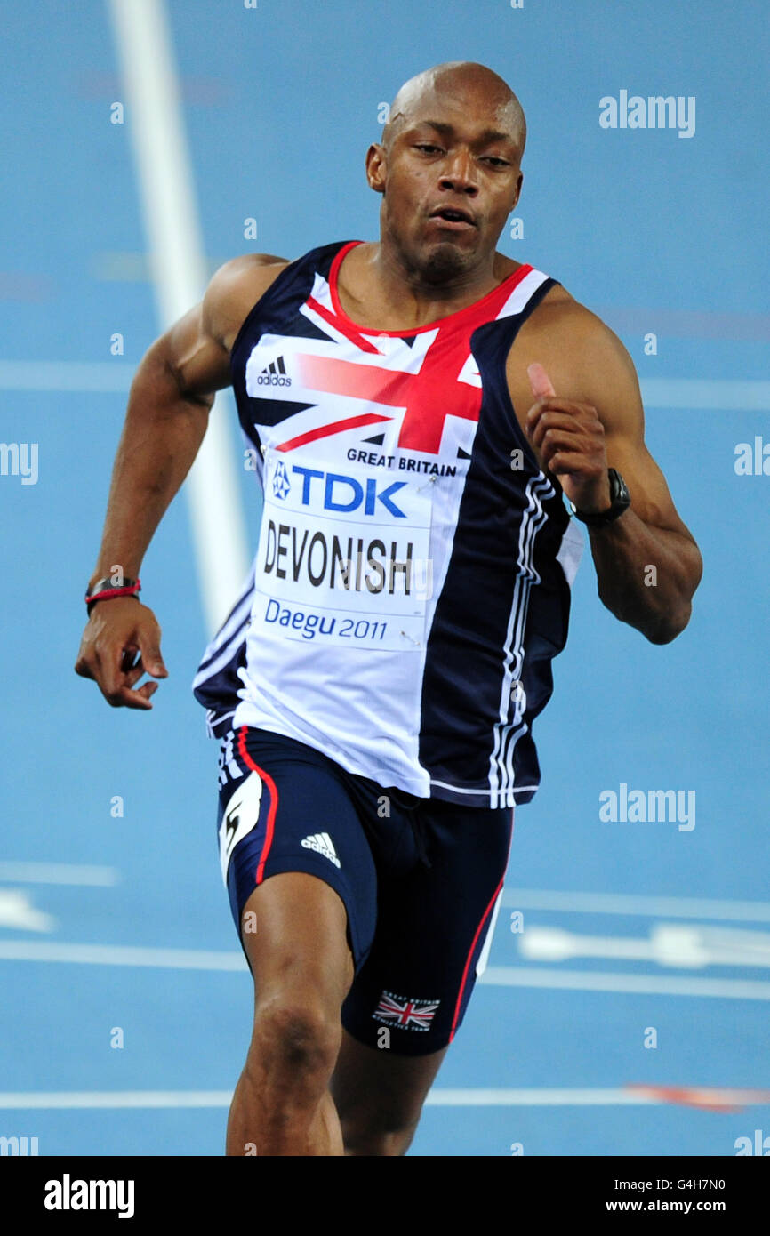 Great Britain's Marlon Devonish during heat 3 of the Men's 100m Stock Photo
