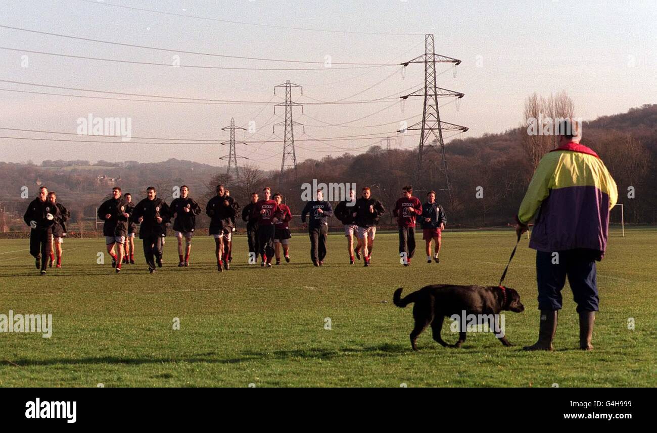 Bradford City training watched by one man and his dog ahead of their fourth round FA Cup match with Newcastle on Saturday 23rd January. Stock Photo