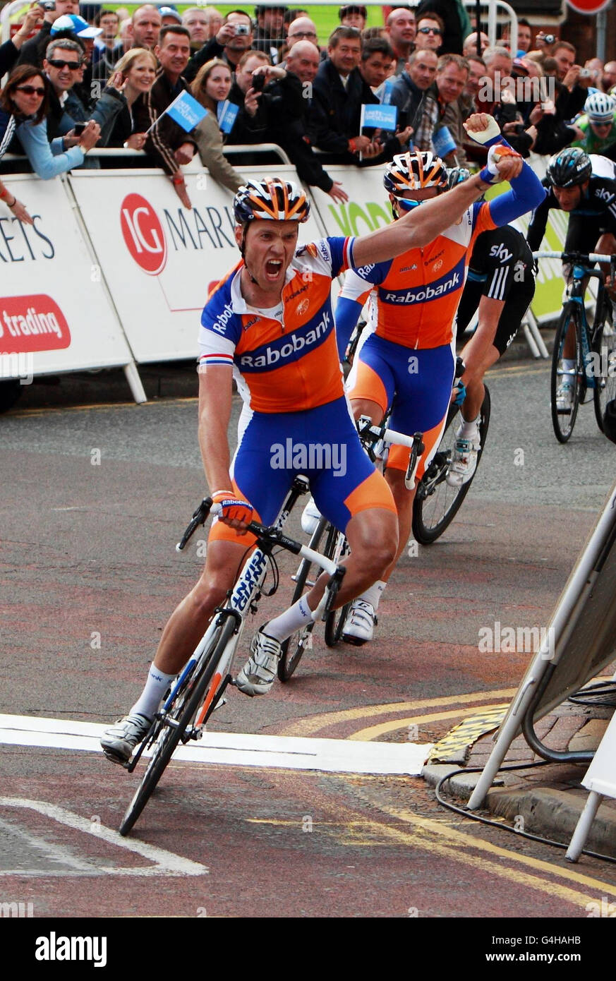 Rabobank's Lars Boom celebrates winning Stage Three of the Tour of Britain, Stoke on Trent, Staffordshire. Stock Photo