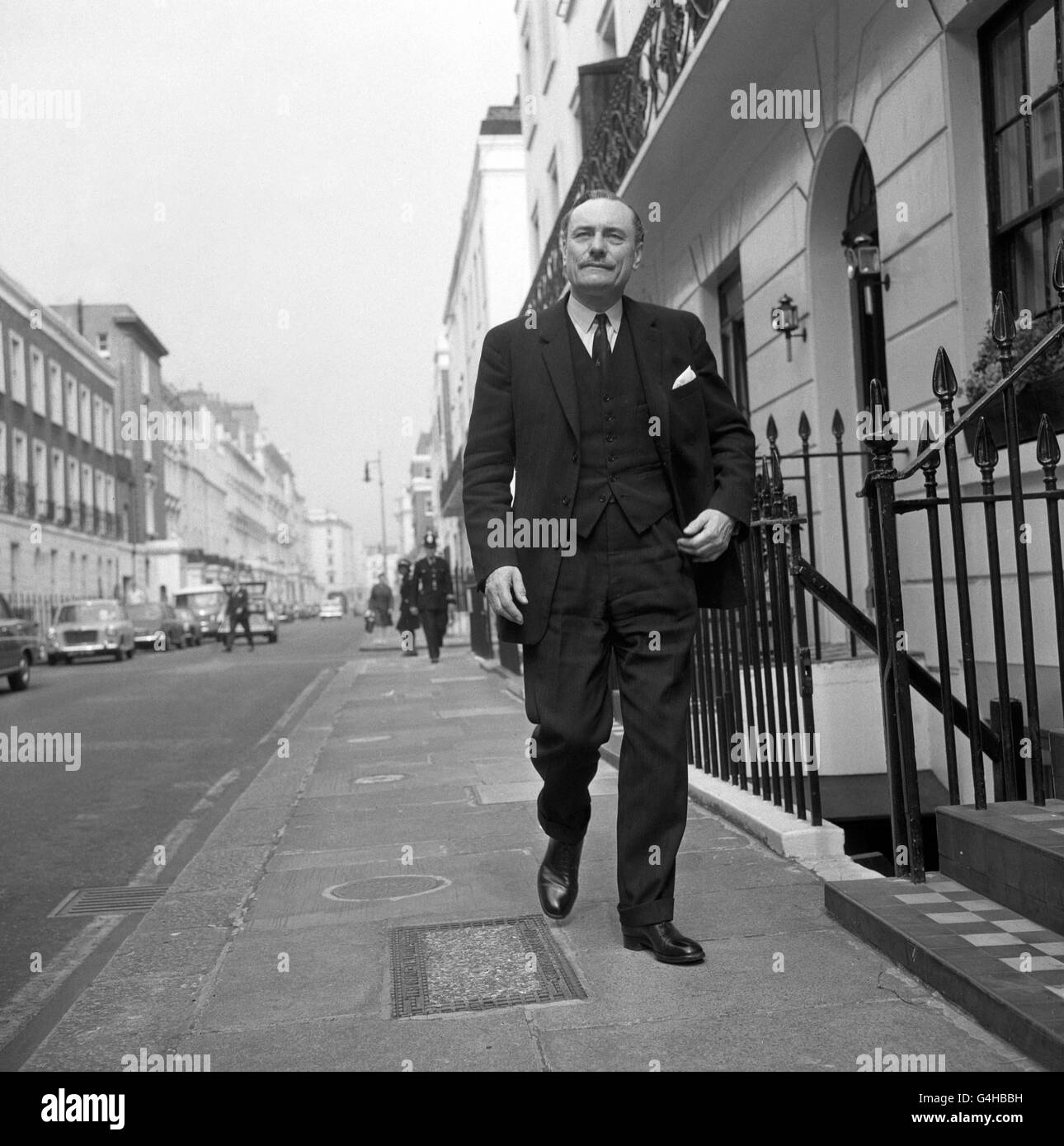 Striding out near his London home in South Eaton Place is Mr Enoch Powell, Conservative MP for Wolverhampton South-West, whose controversial speech on race relations in Birmingham has led to his dismissal from Mr Edward Heath's Shadow Cabinet. * A statement from Mr Heath said that he told Mr Powell that he considered the speech 'racialist in tone and liable to exacerbate racial tensions...' 31/12/98 Personal papers belonging to Prime Minister Harold Wilson show officials were worried about public unrest surrounding the decision by Attorney General Elwyn Jones not to pursue the maverick Tory Stock Photo