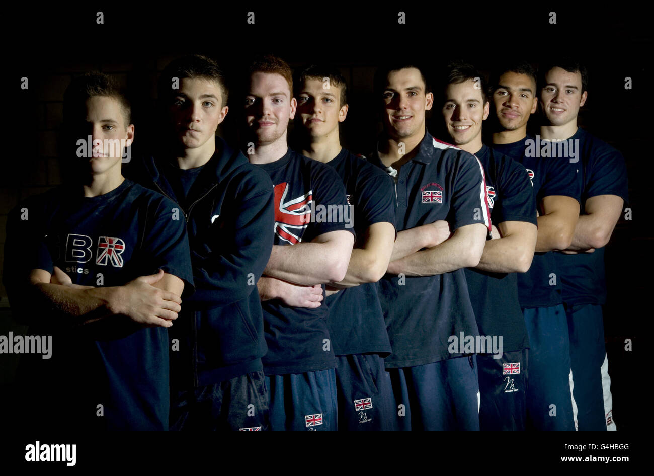 The men's British World Championship Gymnastic Team pose during a Media