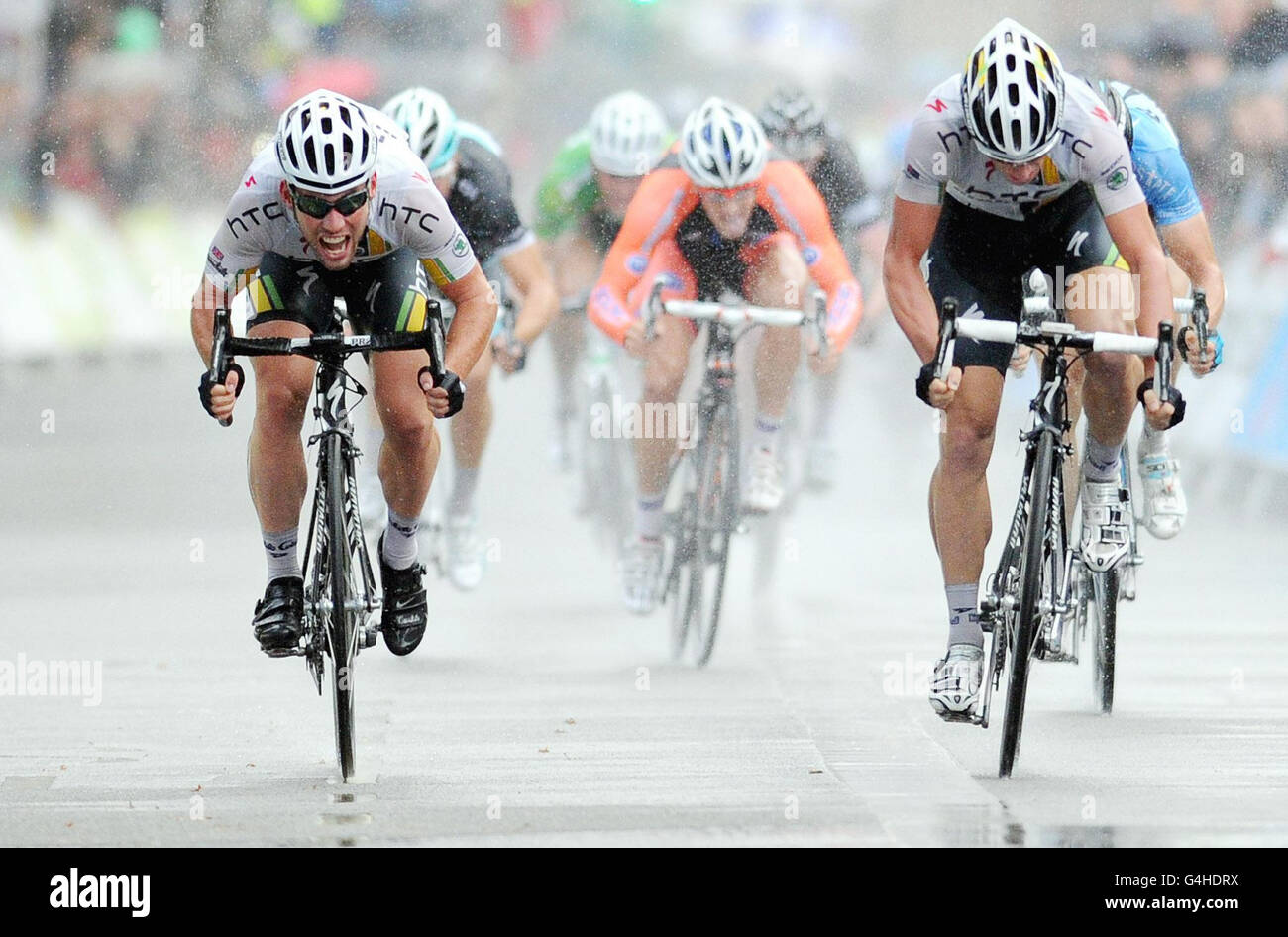 Mark Cavendish (left) sprints to win Stage Eight of the Tour of Britain. Stock Photo