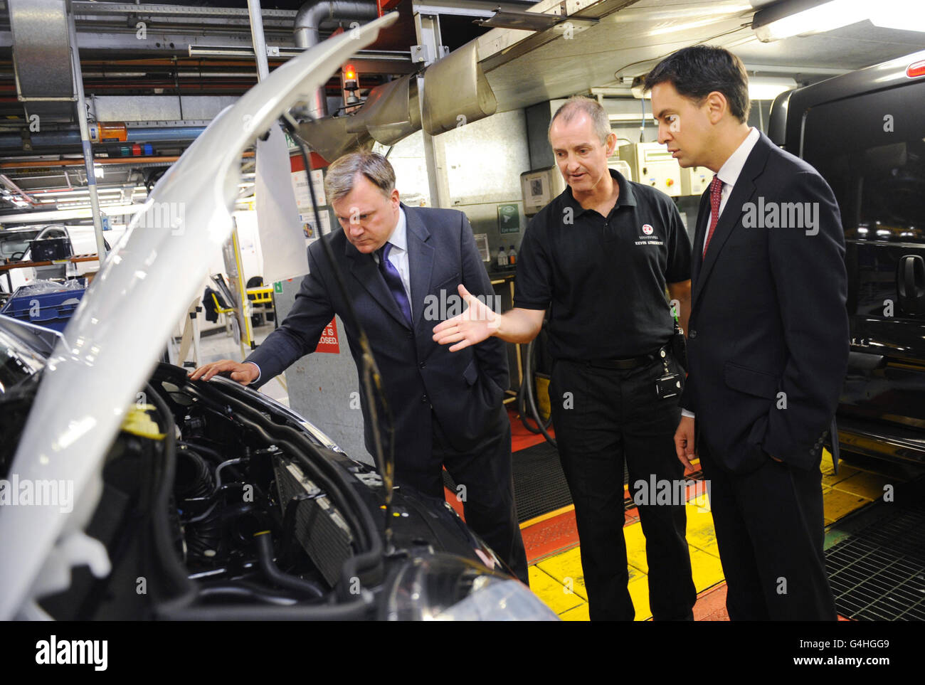 Labour leader Ed Miliband and Shadow Chancellor Ed Balls visit the Vauxhall Motors plant in Luton today. Stock Photo