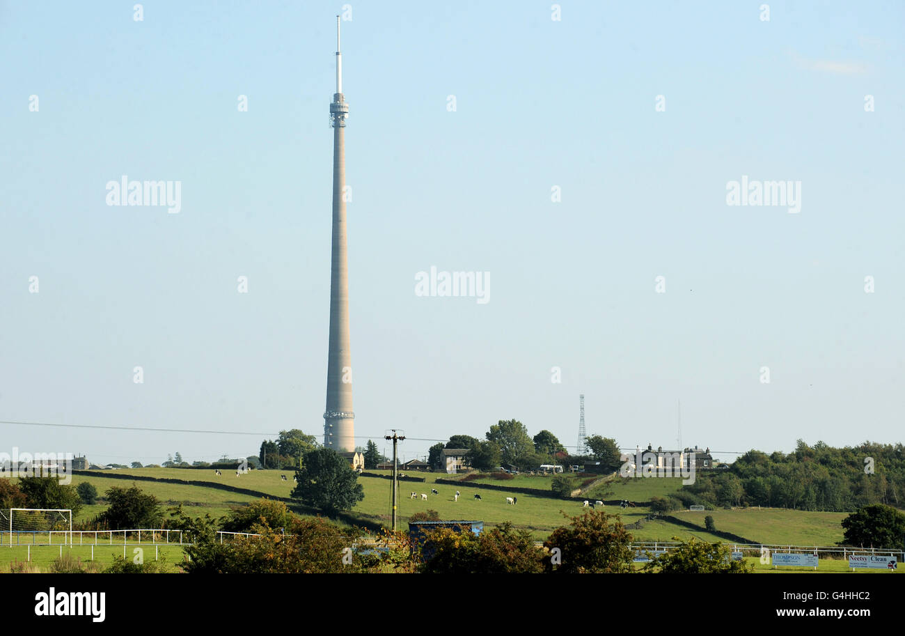 A general view of the Emley Moor television transmitter near Huddersfield which will switch from an analogue signal to a digital signal by the end of September 2011. Stock Photo