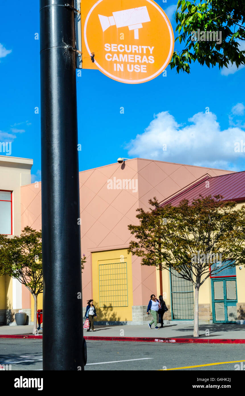 A sign announcing that security cameras are in use at the Bayfair mall In San Leandro California