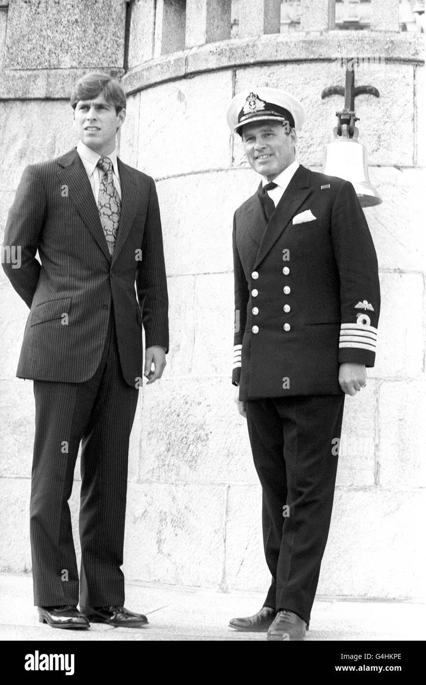 Nineteen-year-old Prince Andrew (later the Duke of York) with Captain Nicolas Hunt, 48, the Commander of the Britannia Royal Naval College, Dartmouth, after arriving to begin two terms of rigorous training as a Royal Navy Officer. Stock Photo