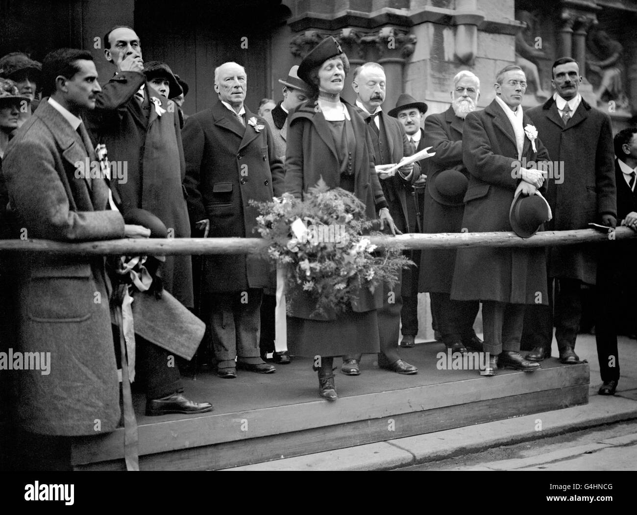 Lady Nancy Astor speaking from the Town Hall in Plymouth after her election, becoming England's first female Member of Parliament. Stock Photo