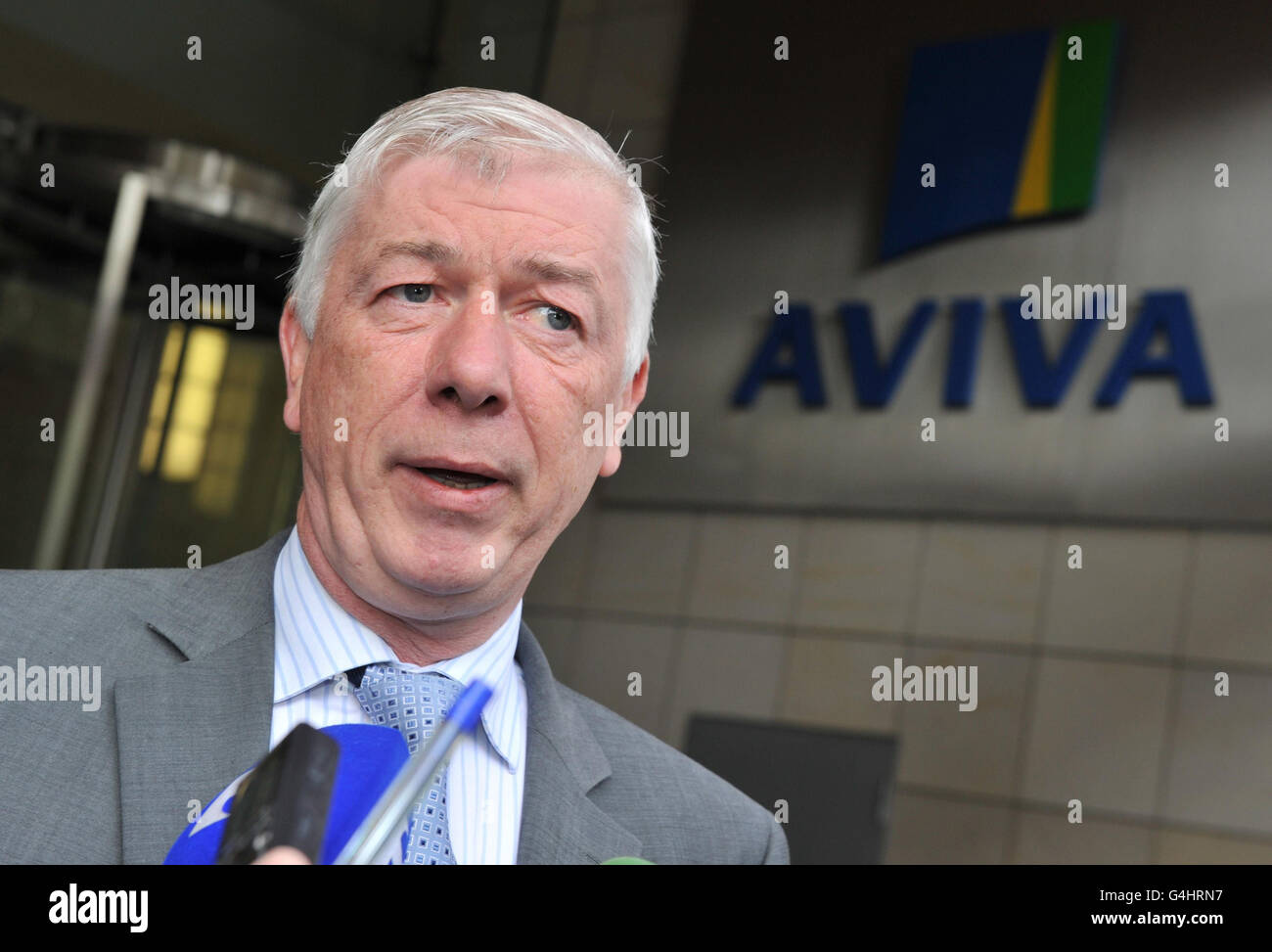 Brian Gallagher of UNITE trade union speaks to the media outside Aviva