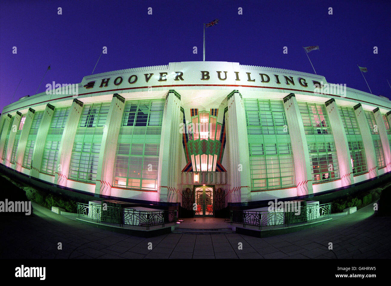 Night scenes of London's Landmarks and Lights. The Hoover Building, which is now owned by the supermarket chain Tesco. Stock Photo