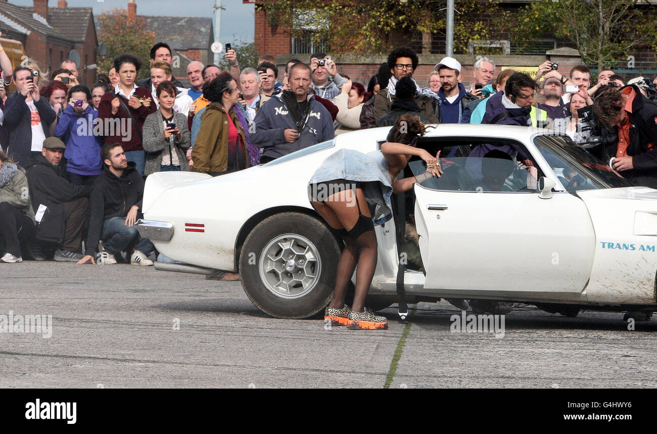 Rihanna during the second day of filming her new pop video in the new Lodge area of north Belfast. Stock Photo