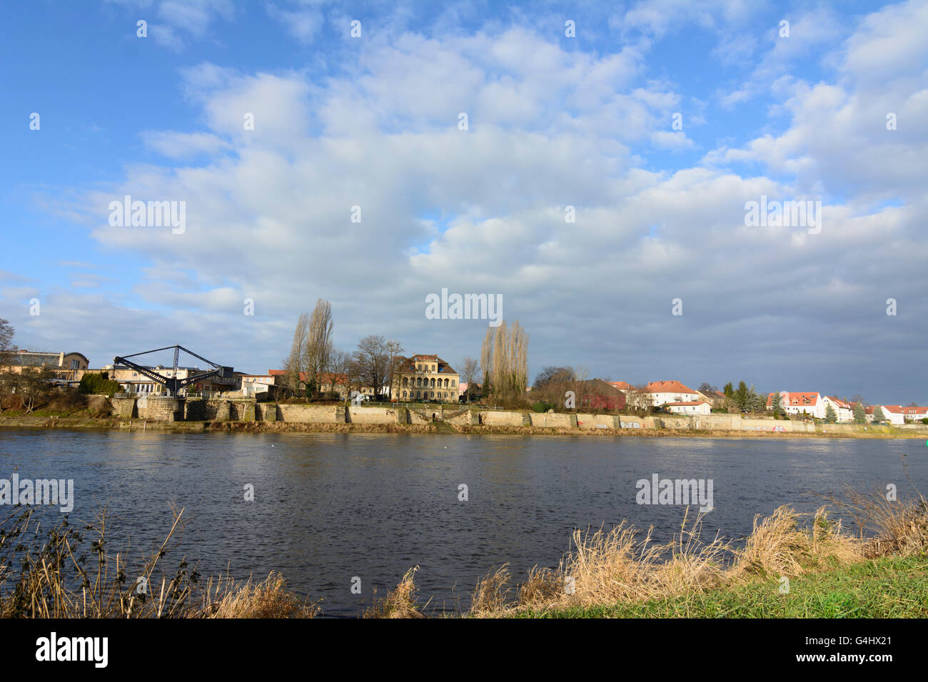 Elbe and 45 -ton ship crane of the former yard "Kette-Werft" and Übigau  Castle, Germany, Sachsen, Saxony, , Dresden Stock Photo - Alamy