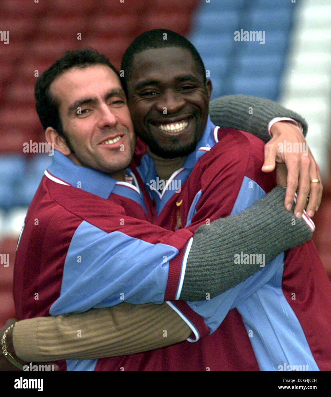 Former Sheffield Wednesday player Paolo Di Canio (left) and former Lens player Marc-Vivien Foe, at Upton Park after signing for West Ham United. Stock Photo