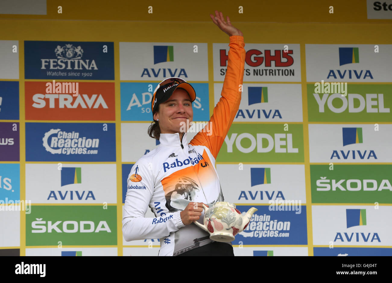 Rabo Liv Women's Cycling Team's Marianne Vos celebrates winning stage four of the Women's Tour of Britain. Stock Photo