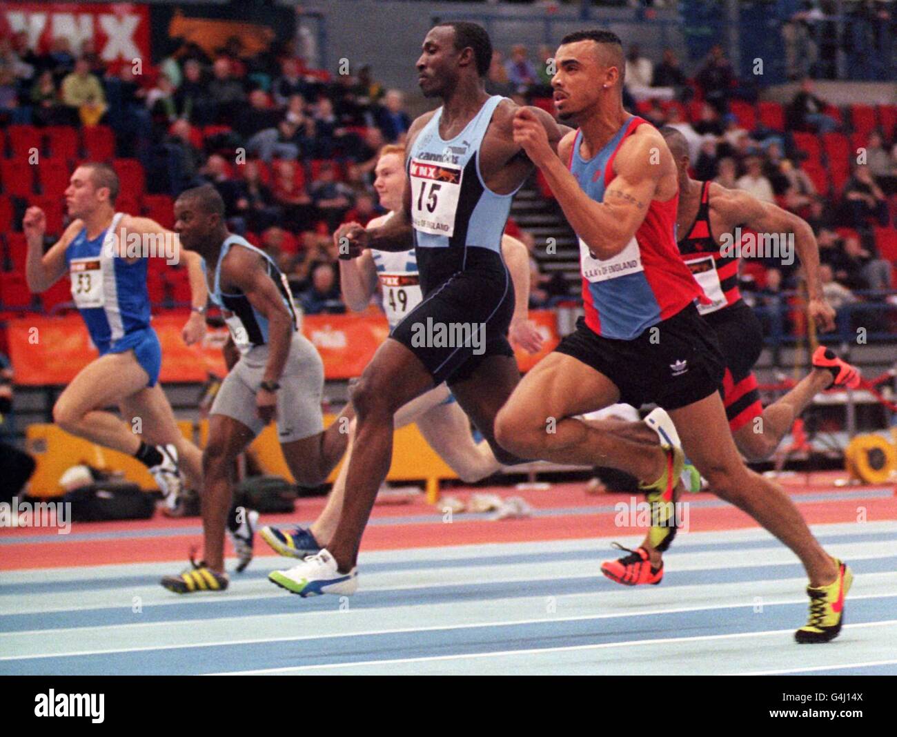 Linford Christie (No.15) is beaten into second place by eventual winner Raymond Salami (foreground right) at the 3'As indoor championship at the National Indoor Arena in Birmingham. Christie subsequently withdrew from the event with a hamstring injury. Stock Photo