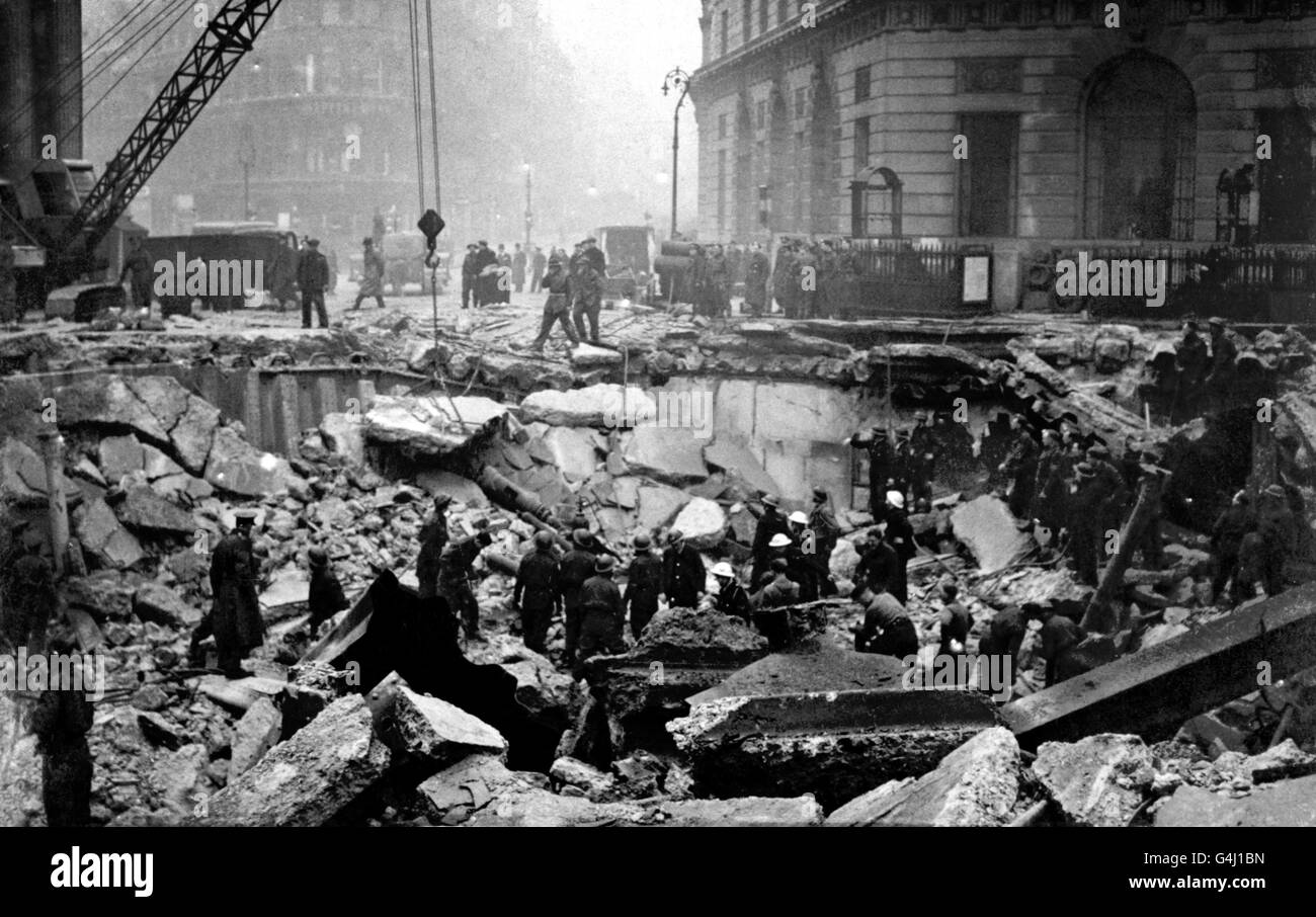 The scene following an air raid when a German bomb fell on a subway near the Bank of England. Stock Photo