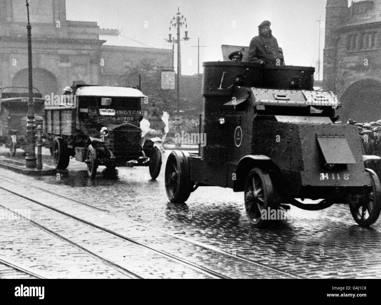 A food convoy with military escort passes through the docks on it's way to Hyde Park during the General Strike. Stock Photo