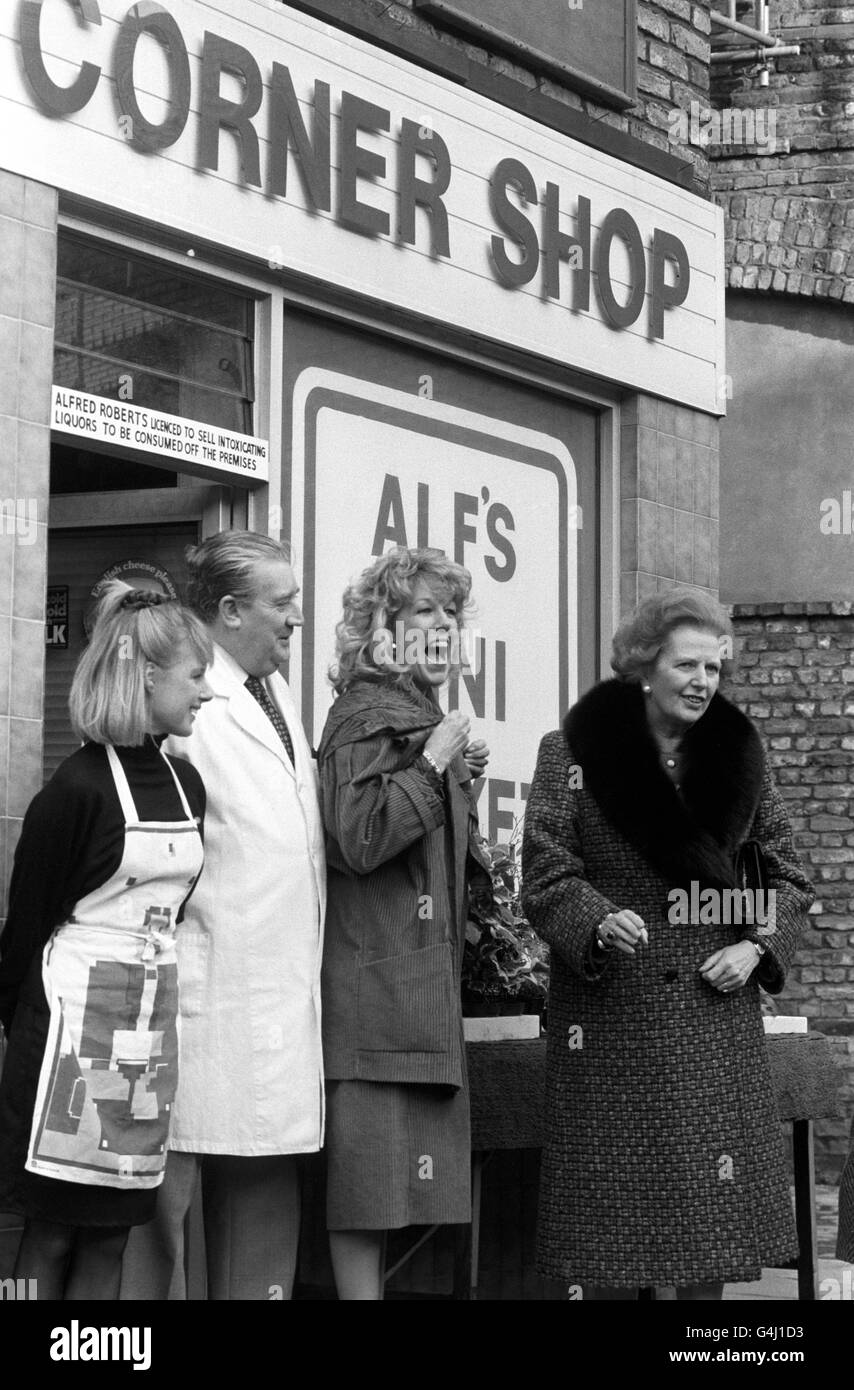 Prime Minister Margaret Thatcher (r) during a tour of the set of Granada TV soap Coronation Street, where she met stars Alf Roberts (Bryan Mosley), screen wife Audrey (Sue Nicholls, centre) and Sally Webster (Sally Whittaker). * Reissued 9/2/99 Actor Bryan Mosley, who played Alf Roberts in Coronation Street, died aged 67. Stock Photo