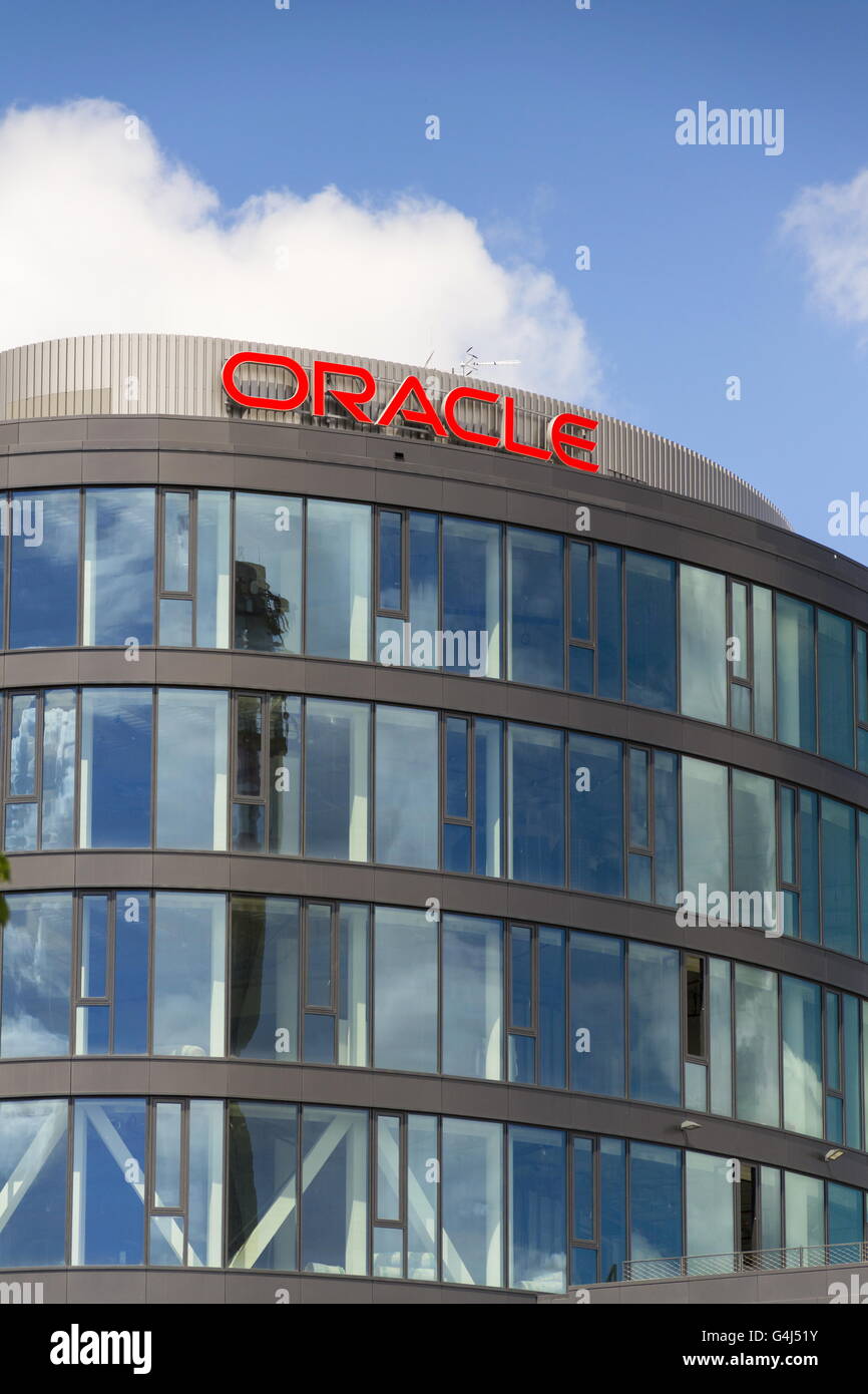 PRAGUE, CZECH REPUBLIC - JUNE 18: Oracle company logo on Czech headquarters building on June 18, 2016 in Prague, Czech republic. Stock Photo