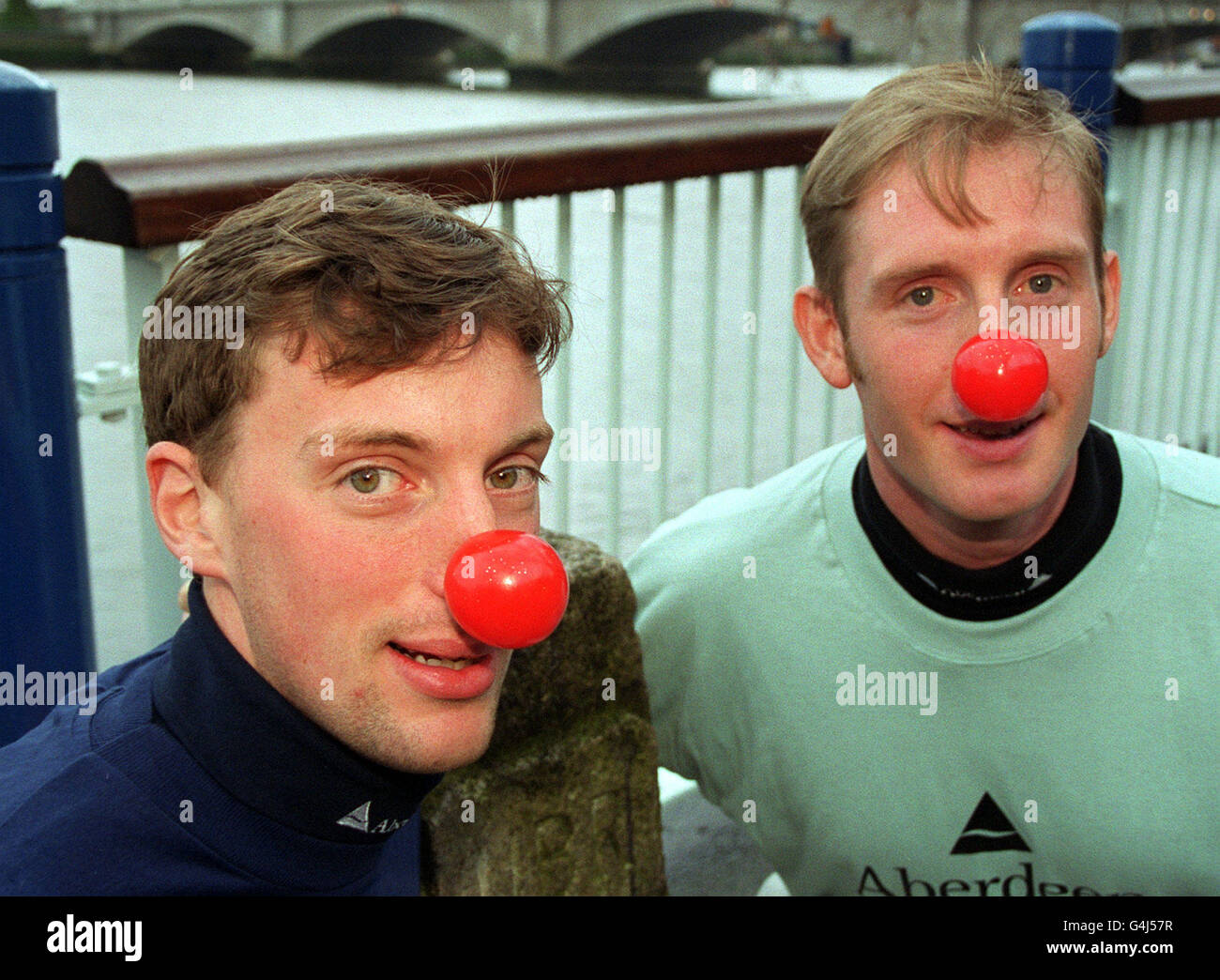 Oxford University Boat Club president Charlie Humphreys (left) and his Cambridge counterpart Brad Crombie try on their Comic Relief red noses for size during a photocall in London ahead of the annual Oxford versus Cambridge University Boat Race on April 3. Stock Photo